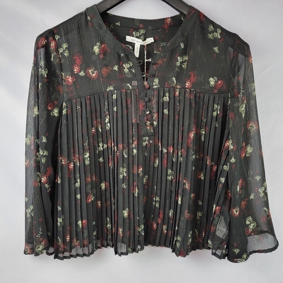 NWT Avec Les Filles sheer pleated bell sleeve gold & floral top - Picture 1 of 5